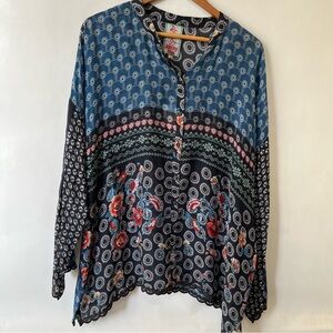 Johnny Was Nara Boxy Button Down Embroidered Blue Blouse Top NWT
